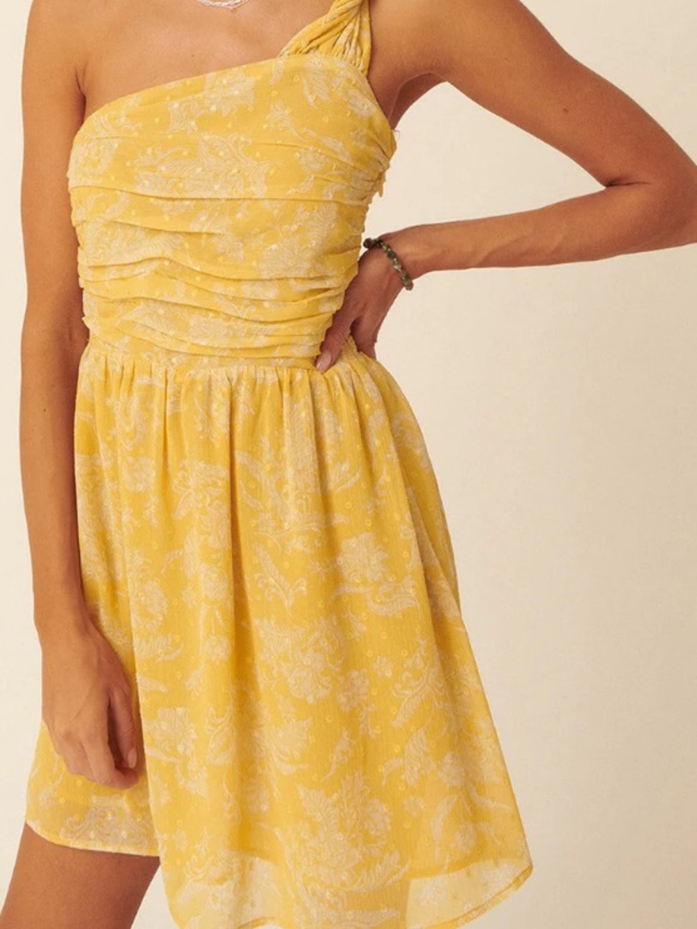 Promesa Yellow & white chiffon One-Shoulder Pleated Sundress small medium large